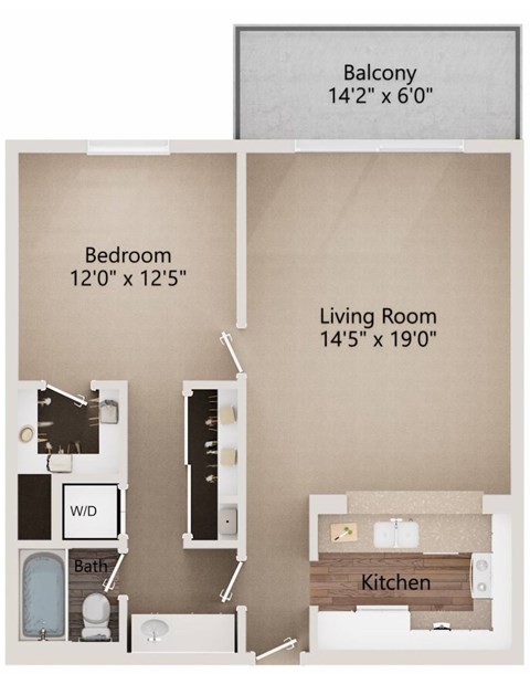 Floor plan for 1 bed, 1 bath, 720 sqft